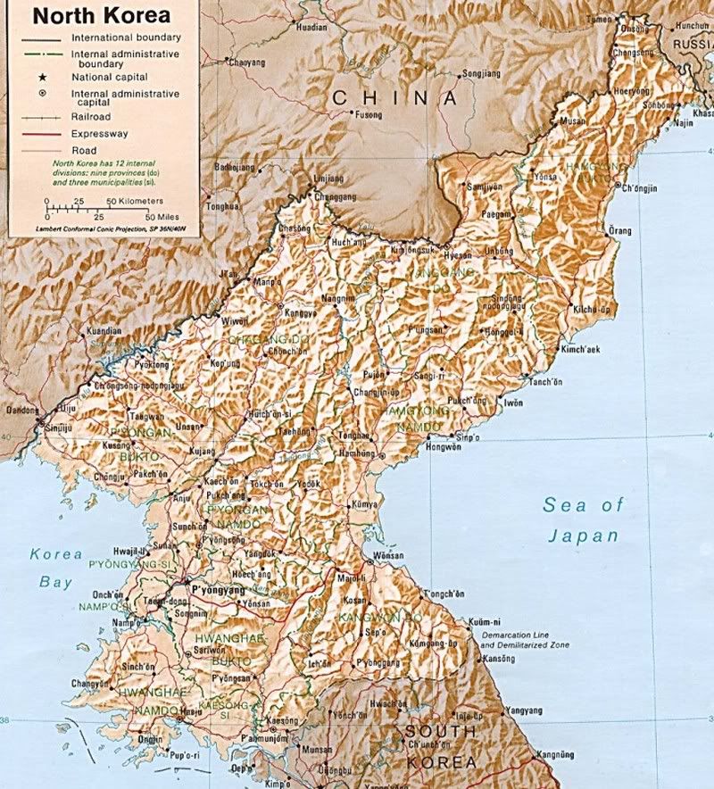 south and north korea map. Physical map of the Korean