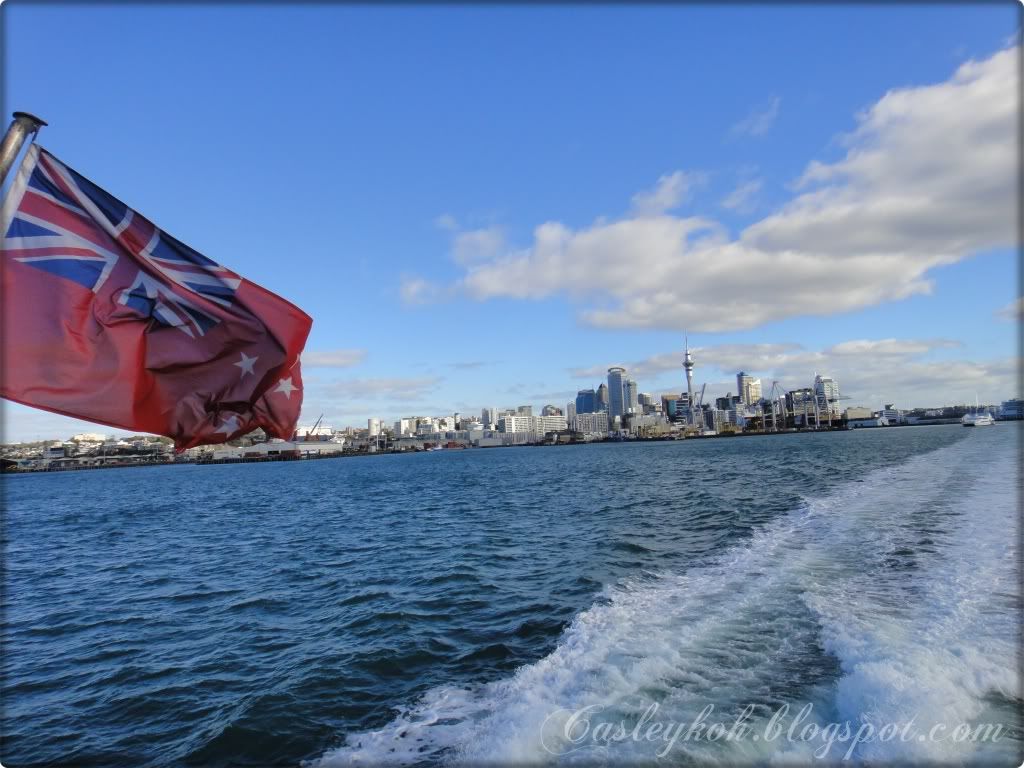 Auckland city view with New Zealand flag